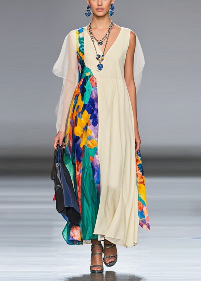 White Asymmetrical Patchwork Chiffon Long Dress Summer