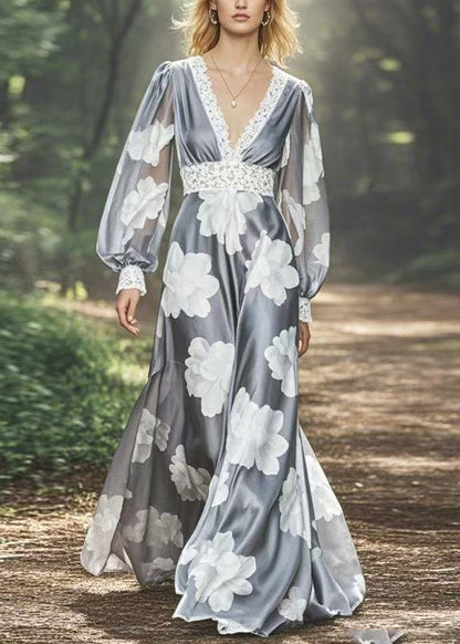 Grey V Neck Print Patchwork Silk Long Dresses Spring