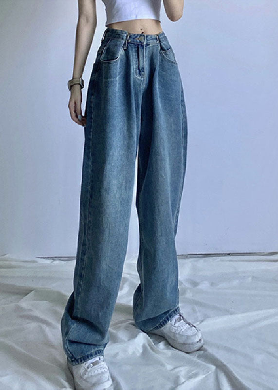 Blue High Waist Draping Cotton Denim Wide Leg Pants Summer