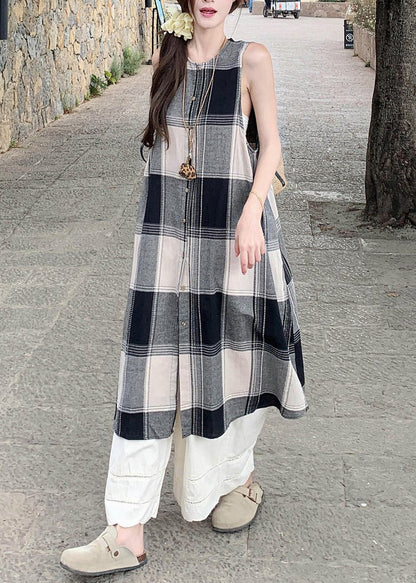 Loose Plaid Shirts Dress and White Wide Leg Pants Cotton Two Pieces Set Sleeveless