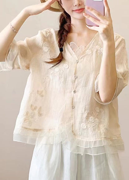 Green Ruffled Embroideried Patchwork Linen Blouse Top Summer