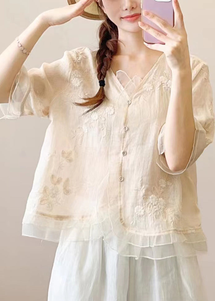 Green Ruffled Embroideried Patchwork Linen Blouse Top Summer