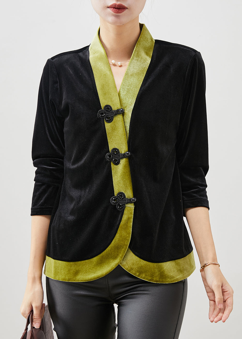 Green Patchwork Oriental Silk Velour Blouses Spring