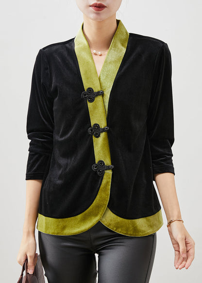 Green Patchwork Oriental Silk Velour Blouses Spring