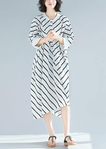 100% White Striped Tunic Dress Asymmetric Spring Dress