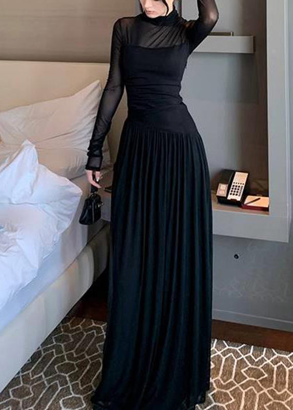 New Pink Turtleneck Patchwork Tulle Long Dress Long Sleeve