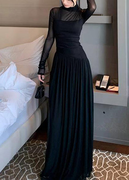 New Pink Turtleneck Patchwork Tulle Long Dress Long Sleeve