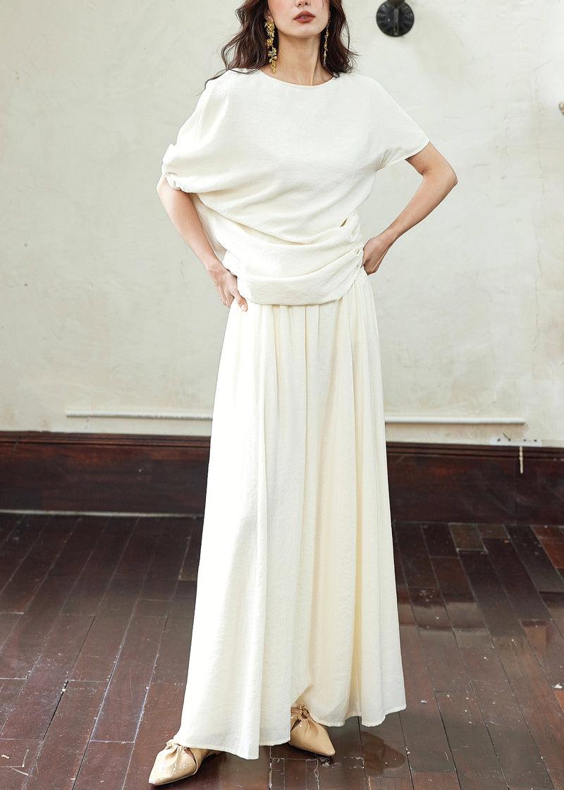 White Asymmetrical Wrinkled T Shirts and Skirts Cotton Two Piece Set Summer