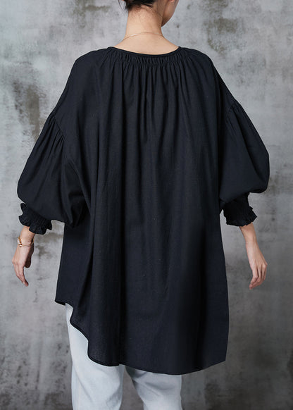 Black Oversized Cotton Shirts O-neck Lantern Sleeve