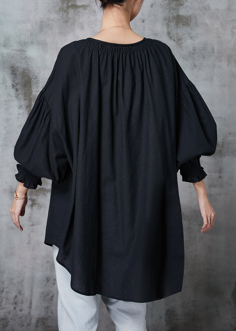 Black Oversized Cotton Shirts O-neck Lantern Sleeve