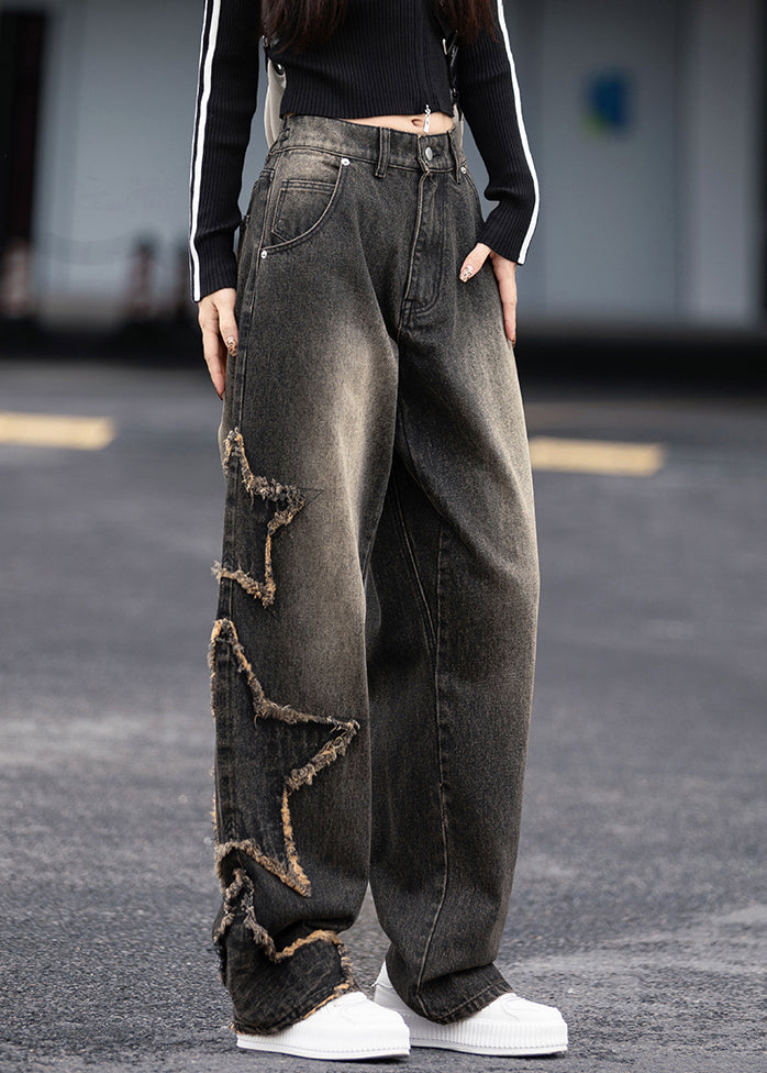 Black Grey Pockets Patchwork Denim Pants Fall