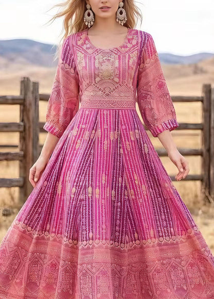 Loose Pink O Neck Print Cotton Maxi Dresses Summer