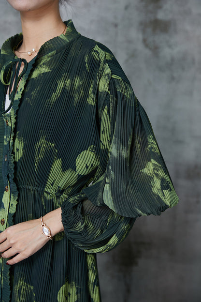 Blackish Green Tie Dye Pleated Dress Spring