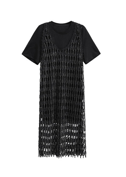 Black O Neck Cotton Two Piece Set Outfits Summer