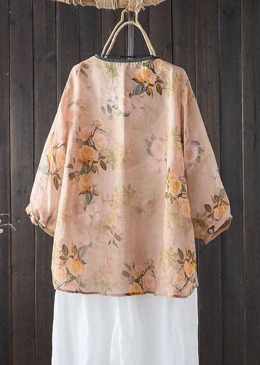 Khaki V Neck Print Button Patchwork Linen Shirts Summer