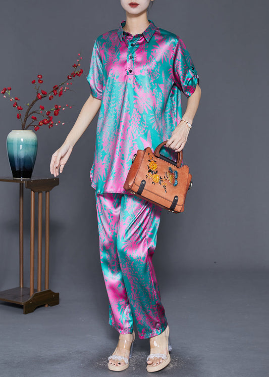 Rose Print Silk Two Piece Set Clothing Side Open Fall