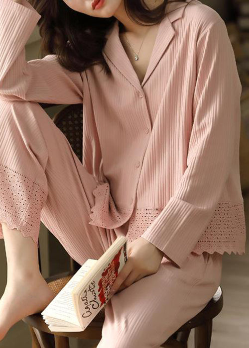 Pink Peter Pan Collar Hollow Out Cotton Pajamas Two Pieces Set Fall