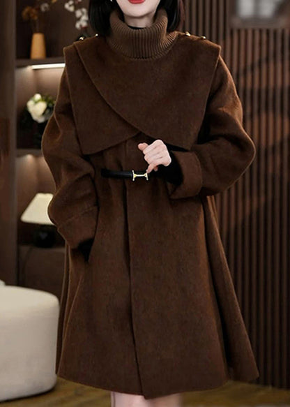 Coffee Woolen Coats and Knit Scarf Two Pieces Set Winter