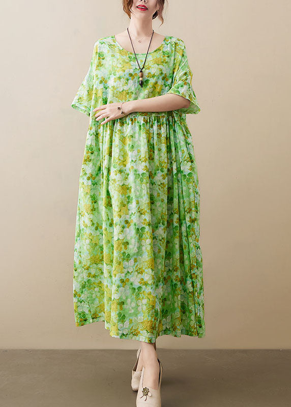 Green O-neck Wrinkled Patchwork Cotton Long Dress Short Sleeve