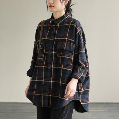 Navy Plaid Tunic Pattern Lapel Patchwork Knee Spring Top
