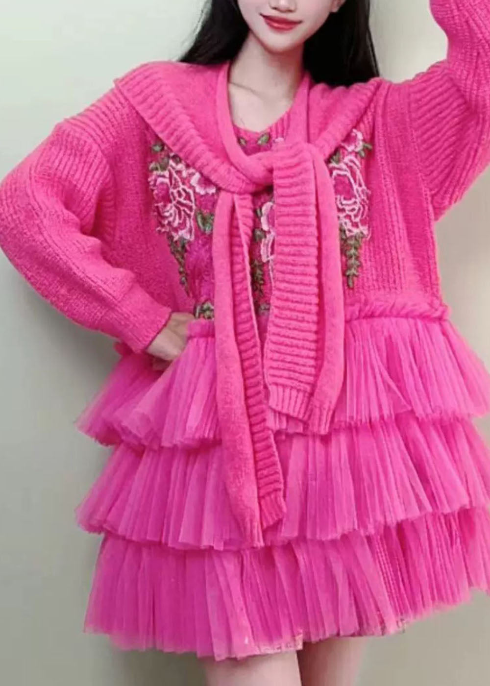 Rose Embroideried Knit Tulle Patchwork and Cape Two Piece Set Fall