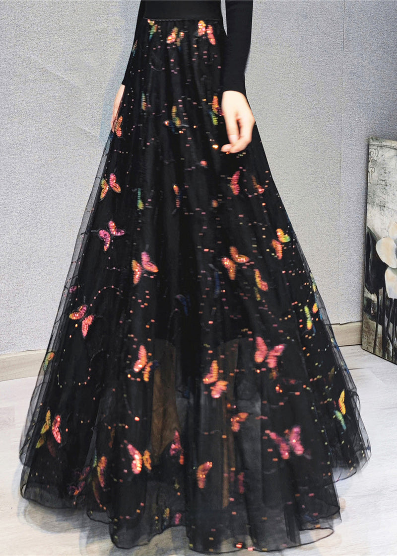 Italian Embroideried High Waist Sequins Tulle Maxi Skirts Spring