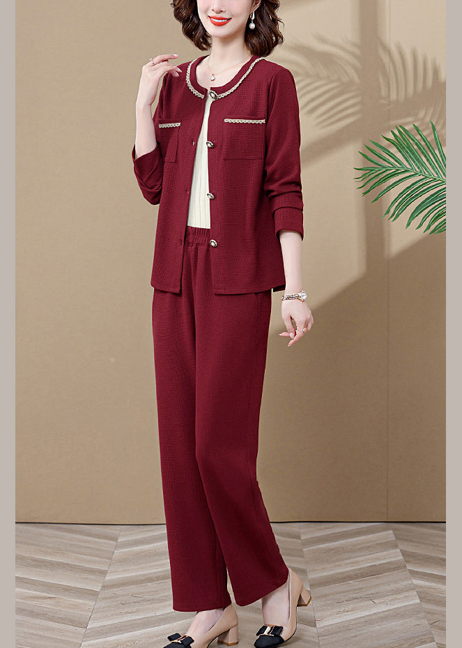 Wine Red O-neck Butto Cardigans and Wide Leg Pants Two Pieces Set Long Sleeve