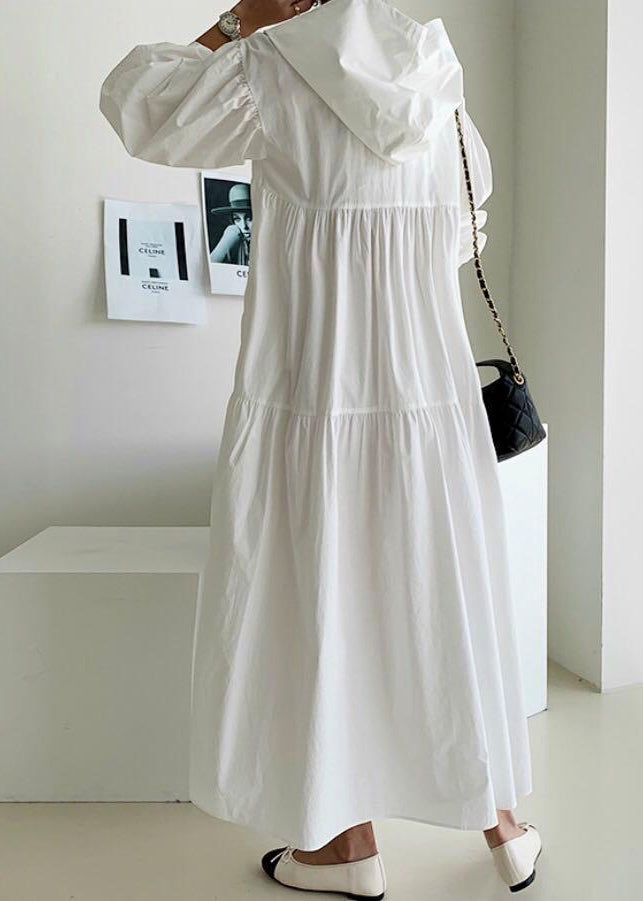 White Hooded Oversized Cotton Maxi Dresses Lantern Sleeve