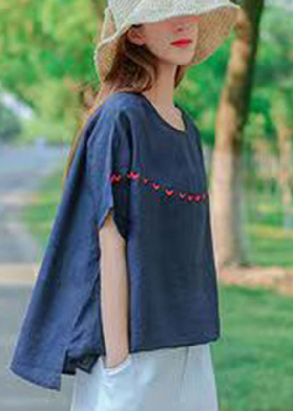 Navy O-neck Embroideried Cotton Tank Tops Short Sleeve