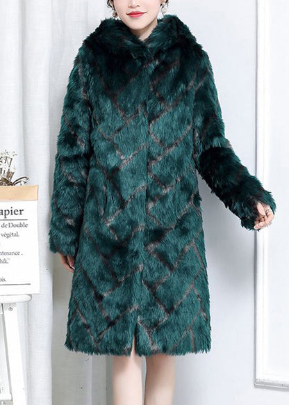Green Hooded Plaid Faux Fur Coats Winter