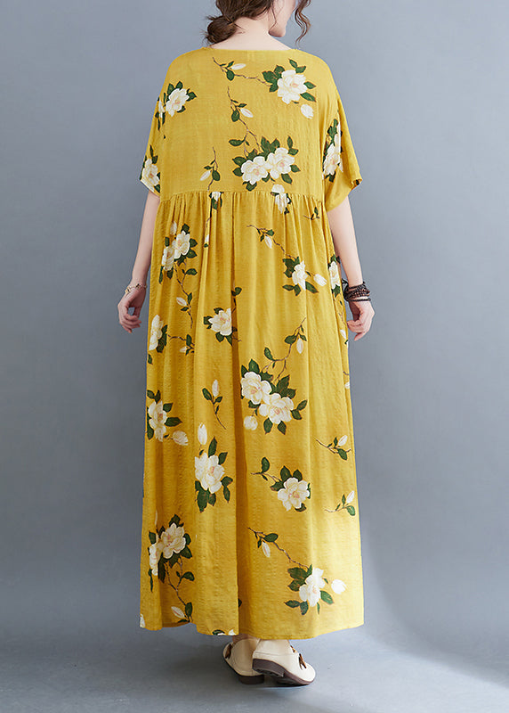 Style Yellow O-neck Cinched Print Long Dresses Short Sleeve