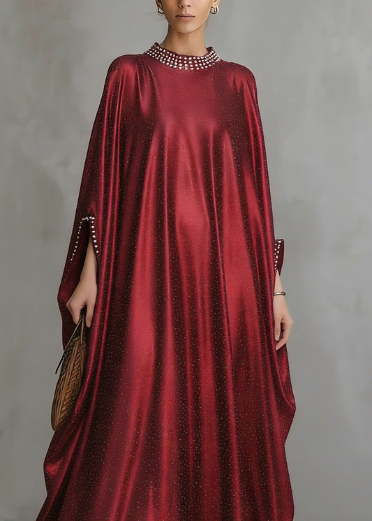 Red Patchwork Silk Maxi Dress Flare Sleeve