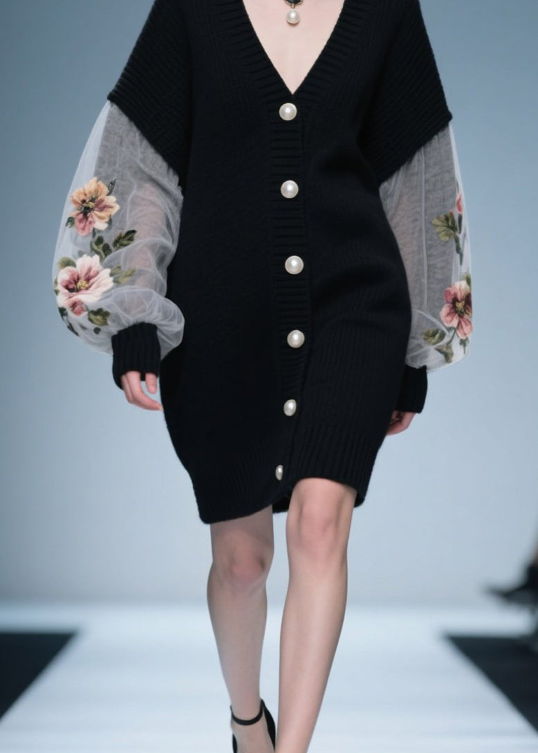 Loose Black V Neck Button Patchwork Knit Coat Fall