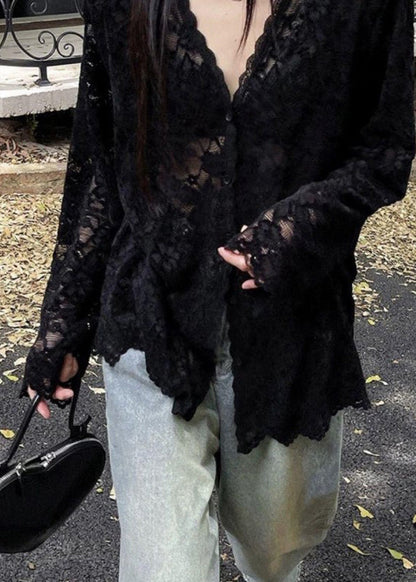 Black V Neck Hollow Out Lace Shirt Spring
