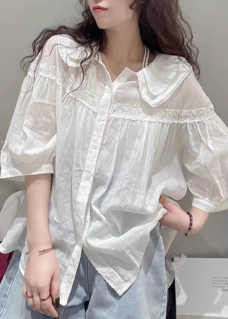 Blue Peter Pan Collar Lace Cotton Blouses Half Sleeve Fall