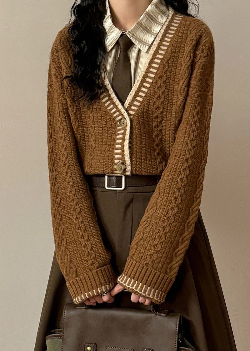 Coffee V Neck Button Cozy Cable Knit Coats Spring