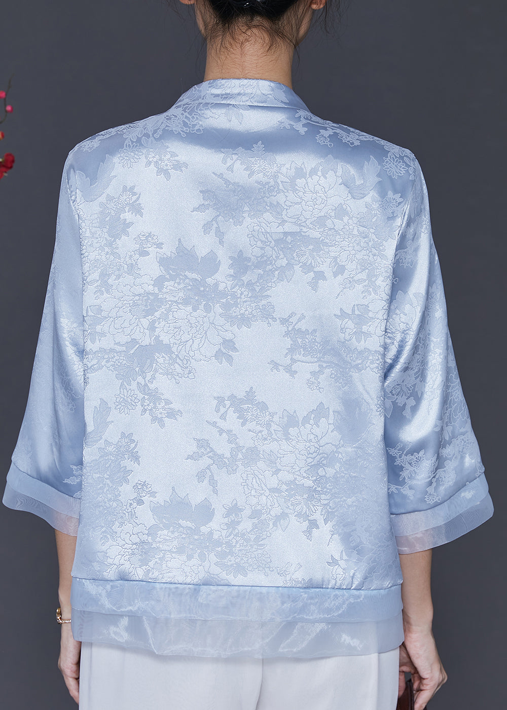 Blue Embroidered Patchwork Oriental Silk Blouses Spring
