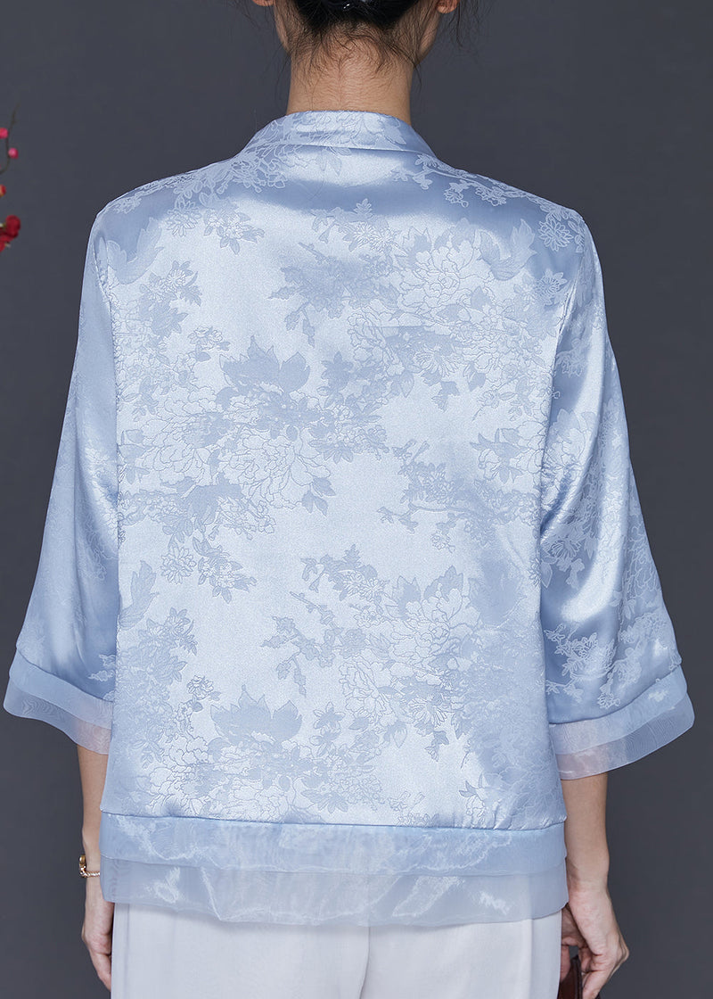 Blue Embroidered Patchwork Oriental Silk Blouses Spring