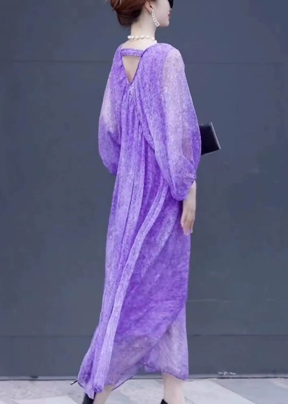 Purple V Neck Print Chiffon Long Dresses Lantern Sleeve