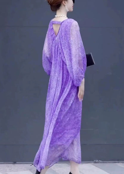 Purple V Neck Print Chiffon Long Dresses Lantern Sleeve