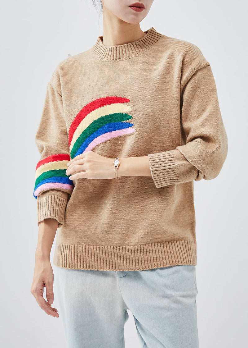 Stylish Khaki Rainbow Thick Knit Pullover Winter