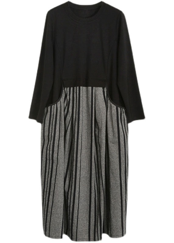 Black O-neck Pockets Striped Patchwork Linen Holiday Dress Long Sleeve