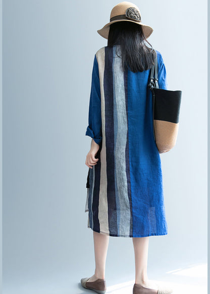 Boutique Blue Peter Pan Collar Striped Linen Long Shirts Spring