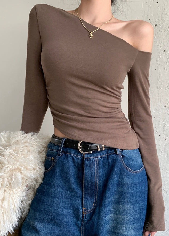 Brown One Shoulder Cotton Blouse Tops Fall