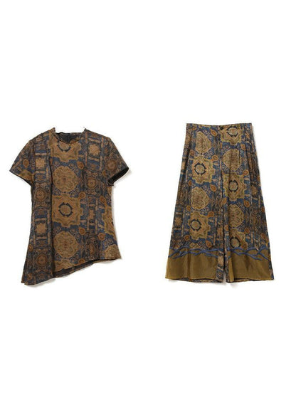 Khaki Asymmetrical Design Print Silk Two Pieces Set Summer