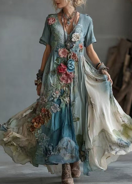 Unique Blue V Neck Tie Dye Cotton Maxi Dress Summer