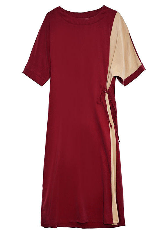 Handmade Red O-neck Patchwork Chiffon Cinch Dresses Short Sleeve