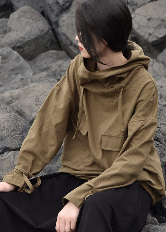 French Black Drawstring Hooded Pockets Sweatshirts Tops Spring