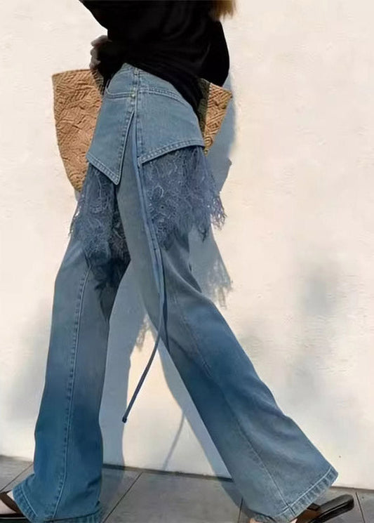 New Blue High Waist Lace Patchwork Straight Jeans Summer