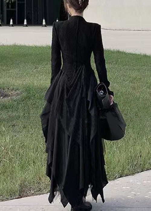 Black Wrinkled Button Patchwork Lace Two Pieces Set Long Sleeve